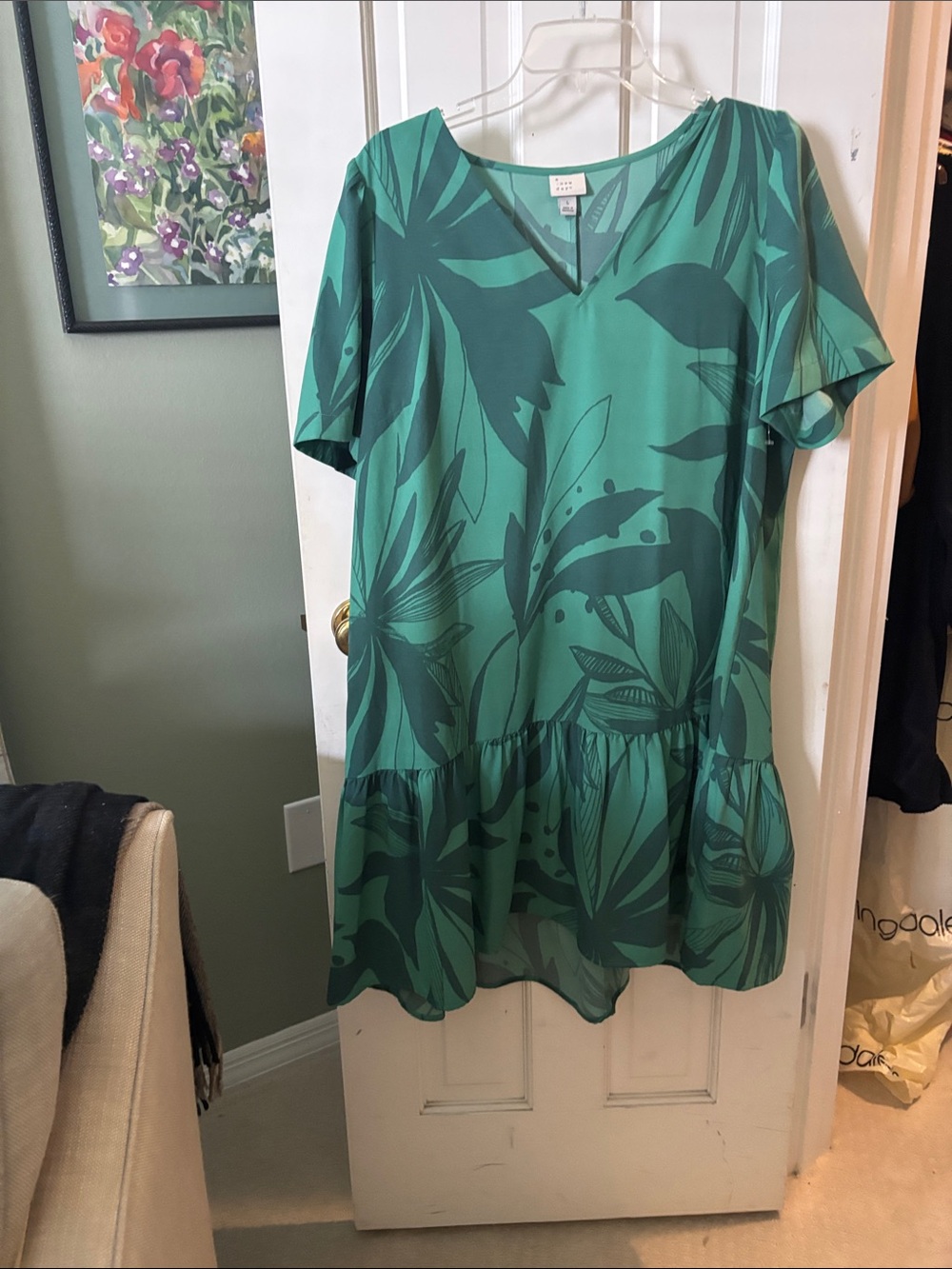 a new day Teal Green Tropical Print V-Neck Shift Dress